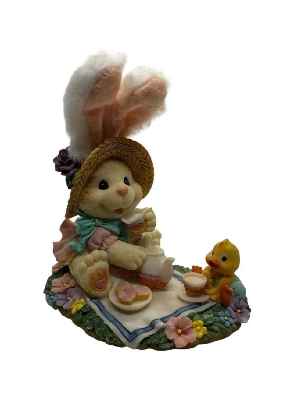 Vintage Easter Bunny Tea Party Figurine Chick Picnic Resin Decor Fuzzy Ears